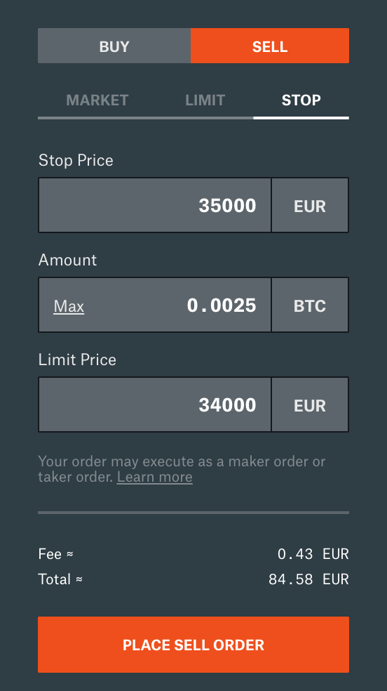 Stop Limit Verkaufs Order für 0.0025 BTC mit einem Stop Preis von 35'000 Euro und einem Limit Preis von 34'000