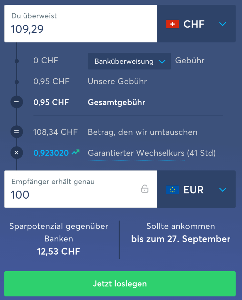 Bildschirmaufnahme für den Wechsel von CHF nach Euro. Für 100 Euro würde man zum aktuellen Zeitpunkt CHF 109.29 bezahlen. Die Gesamtgebühr für den Währungswelchsel, welche von Wise berechnet wird, beläuft sich auf CHF 0.95 und CHF 108.34 werden umgetauscht. Der Screenshot zeigt, dass ein Sparpotenzial von CHF 12.53 gegenüber Banken besteht und dass das Geld bis zum 27. September überwiesen wird.