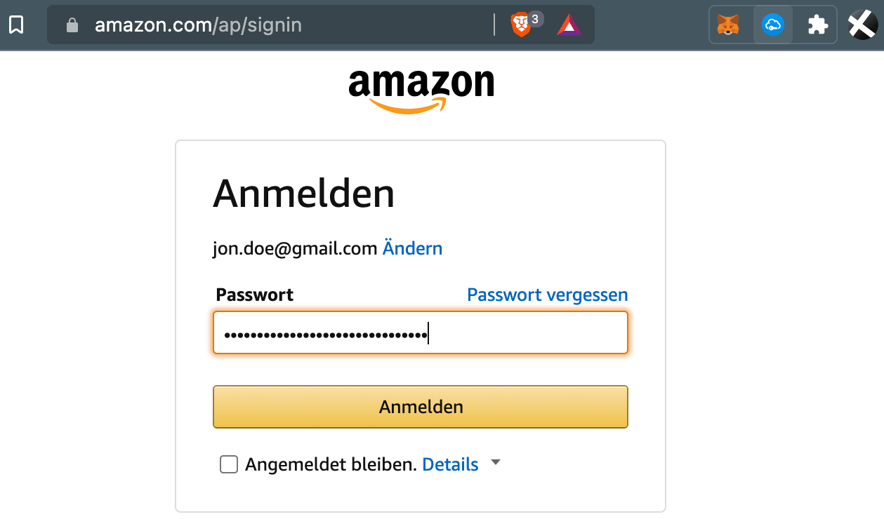 View of login form on amazon.com. By clicking on the SafeInCloud Chrome plugin, the input field will be filled in automatically.