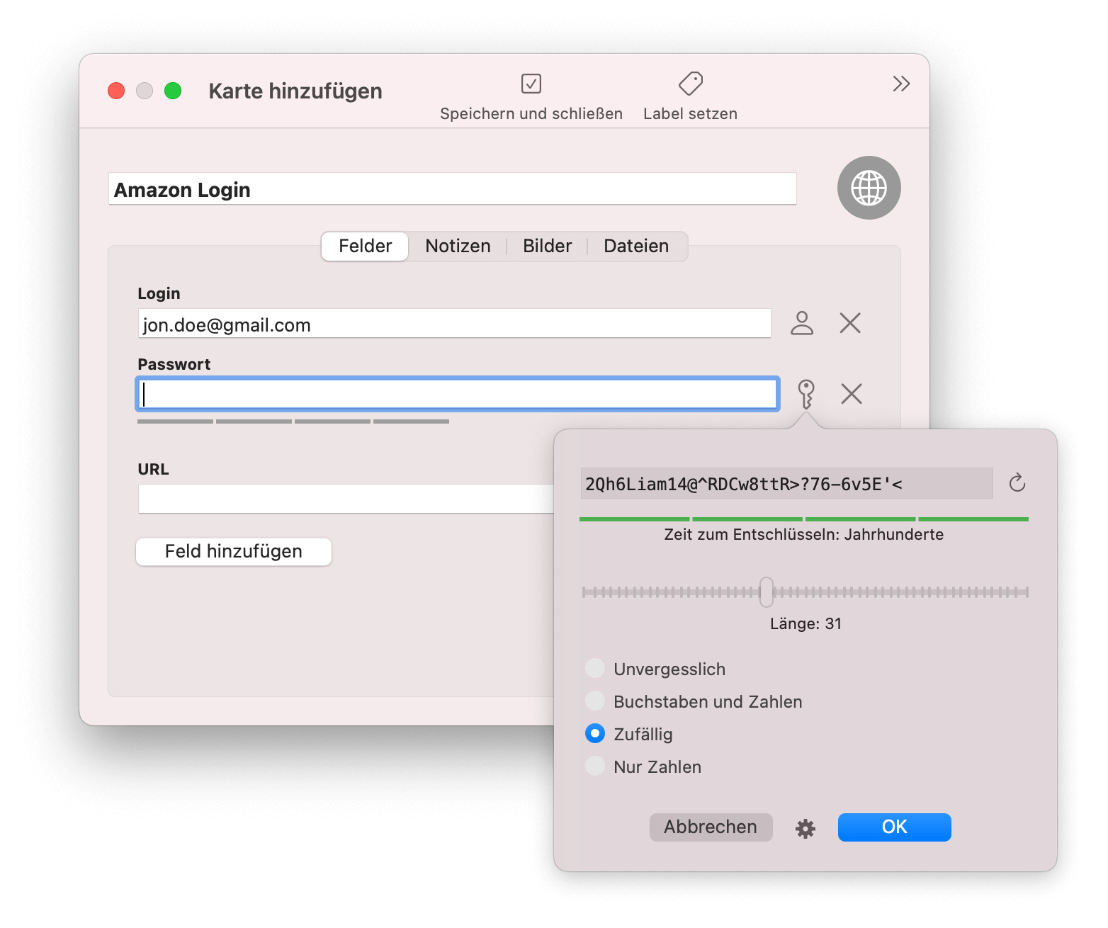 Create login with SafeInCloud password manager. As an example, a login for Amazon is created for the user jon.doe@gmail.com. Secure passwords can be generated using the integrated password generator.