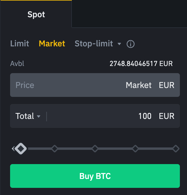 Kauf Ansicht von BTC auf Binance. Der Screenshot zeigt einen Kauf von BTC für 100 EUR zum aktuellen Marktpreis.