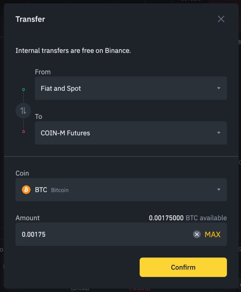 Transfer Fenster auf Binance Futures. Der Screenshot zeigt, dass 0.00175 BTC von der Spot Wallet in die Futures Wallet übertragen werden kann.
