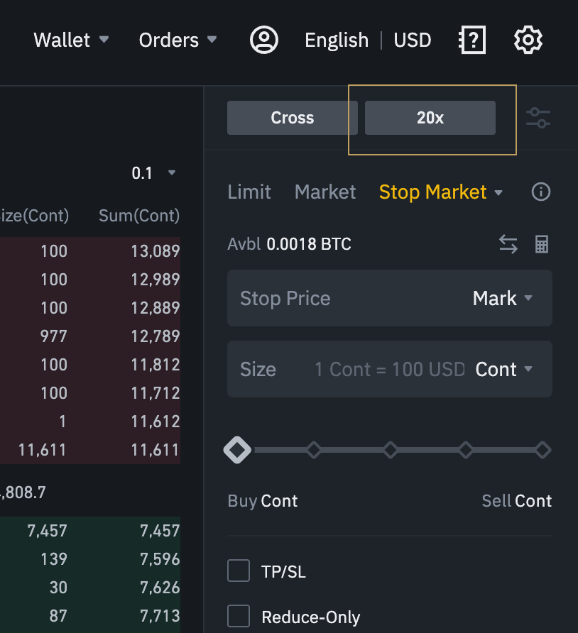 View of Binance futures purchase form. Above the form, the leverage can be adjusted. Currently this is set to 20x on the screenshot.