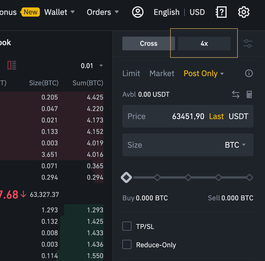 View of Binance futures purchase form. Above the form you can adjust the leverage. Currently this is set to 4x on the recording.