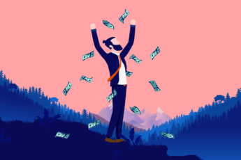 Man with arms stretched up. Money falling down on him. Image symbolizes financial freedom.