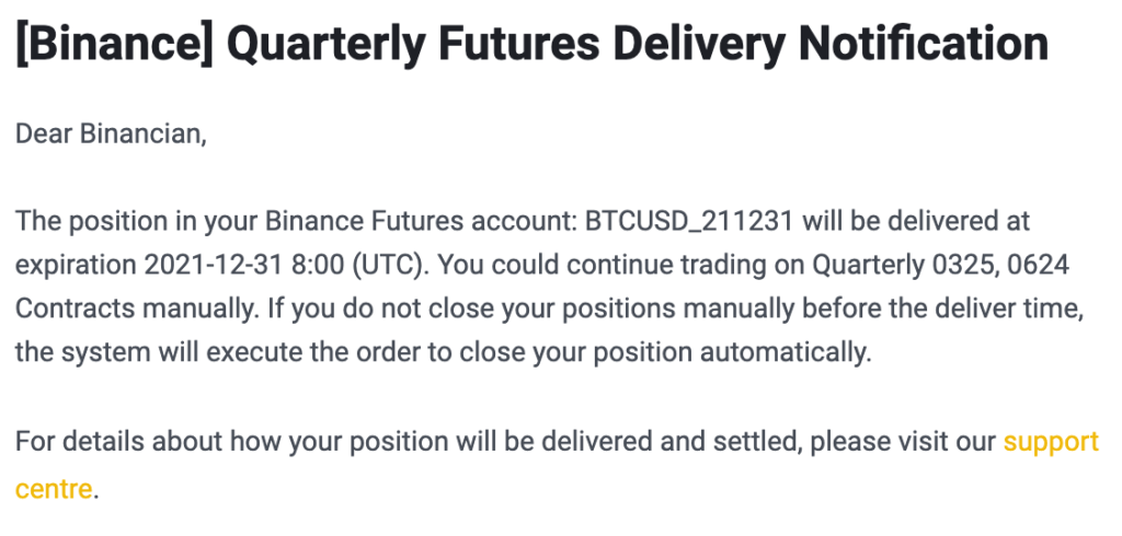 E-Mail von Binance darüber, das ich eine offene Futures Position habe, welche am darauffolgenden Tag ausläuft.