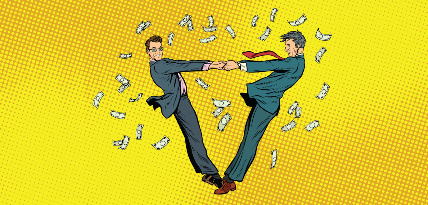 Two businessmen twirling around. bills are flying through the air. the businessmen are smiling and happy.