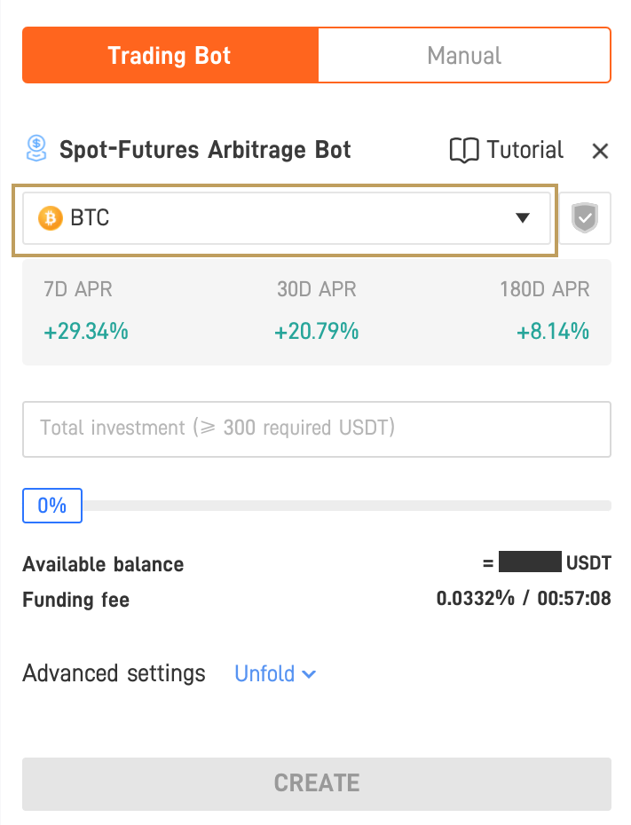 Spot Futures Arbitrage Bot configuration view. The corresponding coin can be selected via a dropdown. Below this, an input field is visible in which the user can enter the amount to be invested. This amount must be greater than 300 USDT.