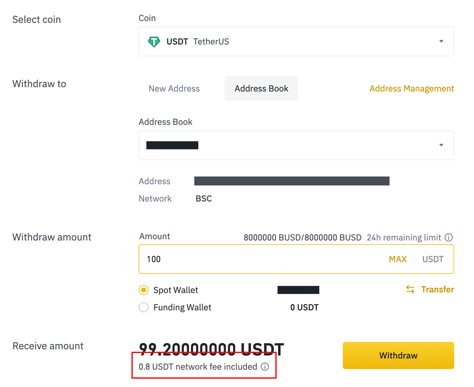 Illustration, which shows that via Binance Smart Chain the withdrawal fees are not that high. When transferring money to another wallet, only 0.8 USDT is charged.