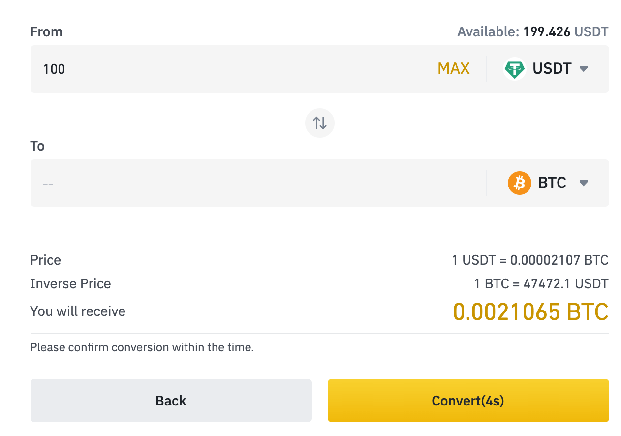 Convert view on Binance. 100 USDT will be exchanged for BTC. The user has 5 seconds to confirm the exchange.