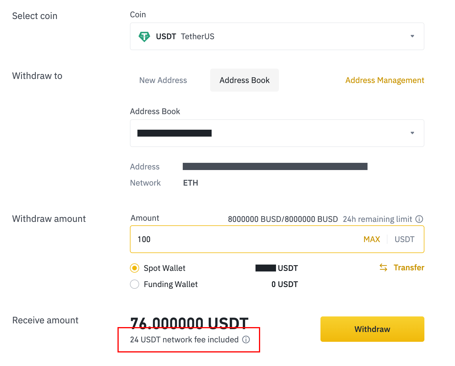 Illustration showing the high withdrawal fees on Binance. Withdrawing 100 USDT incurs 24 USDT as a fee.