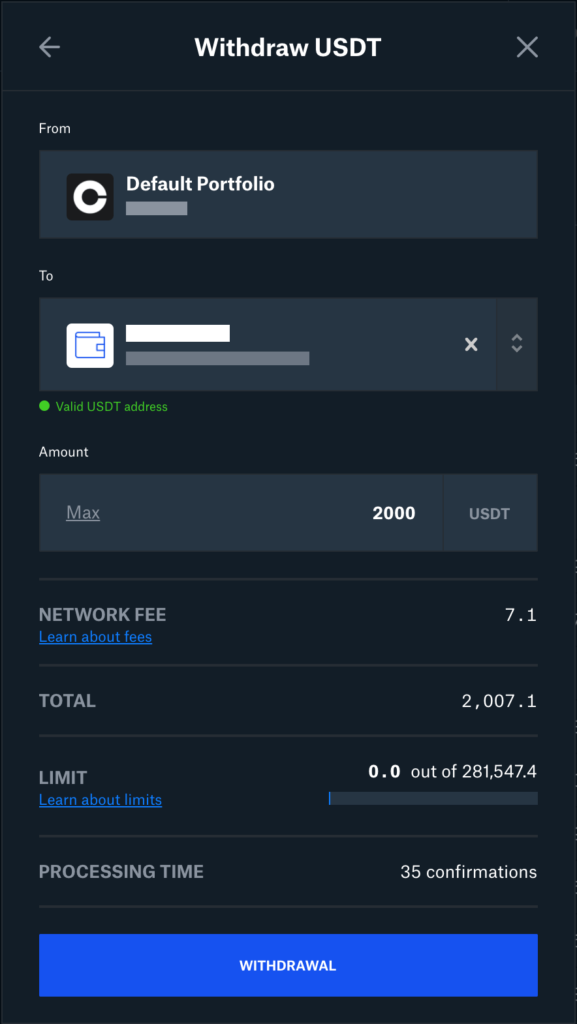 Withdrawal dialog on Coinbase. The dialog shows that an amount of 2000 USDT is to be withdrawn. A network fee of 7.1 USDT is shown.
