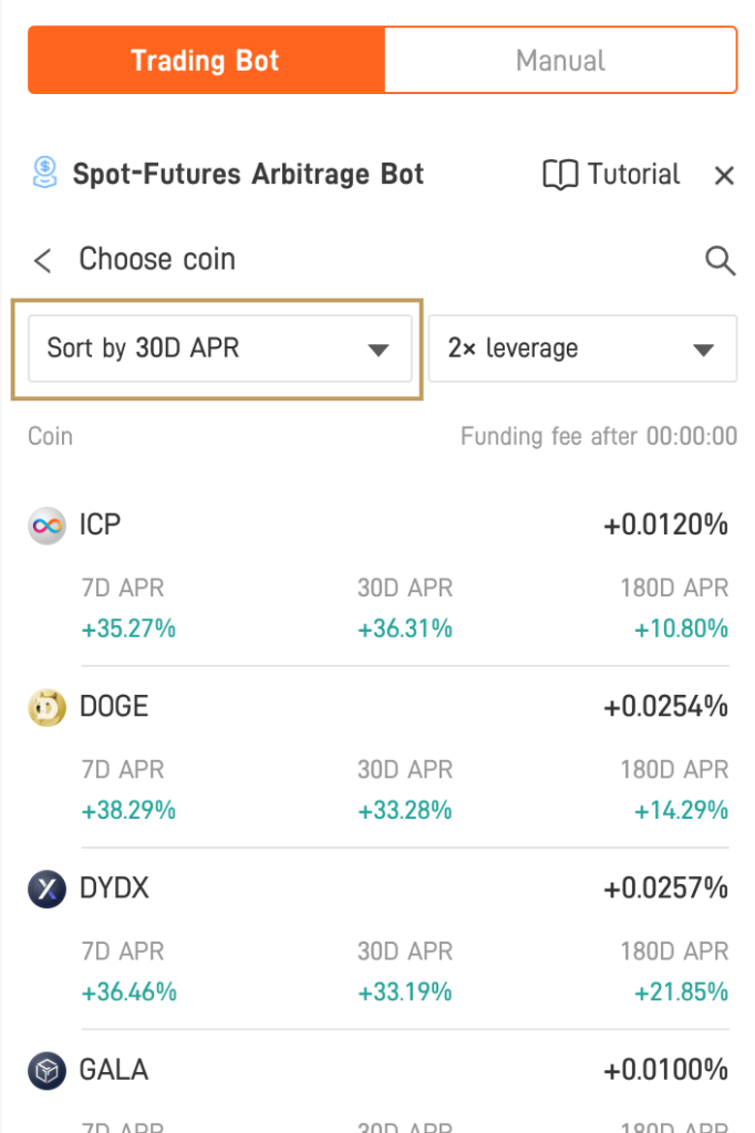 Coin selection on Pionex for starting a spot futures arbitrage bot. Coins are sorted by 30D APR and double leverage is selected.