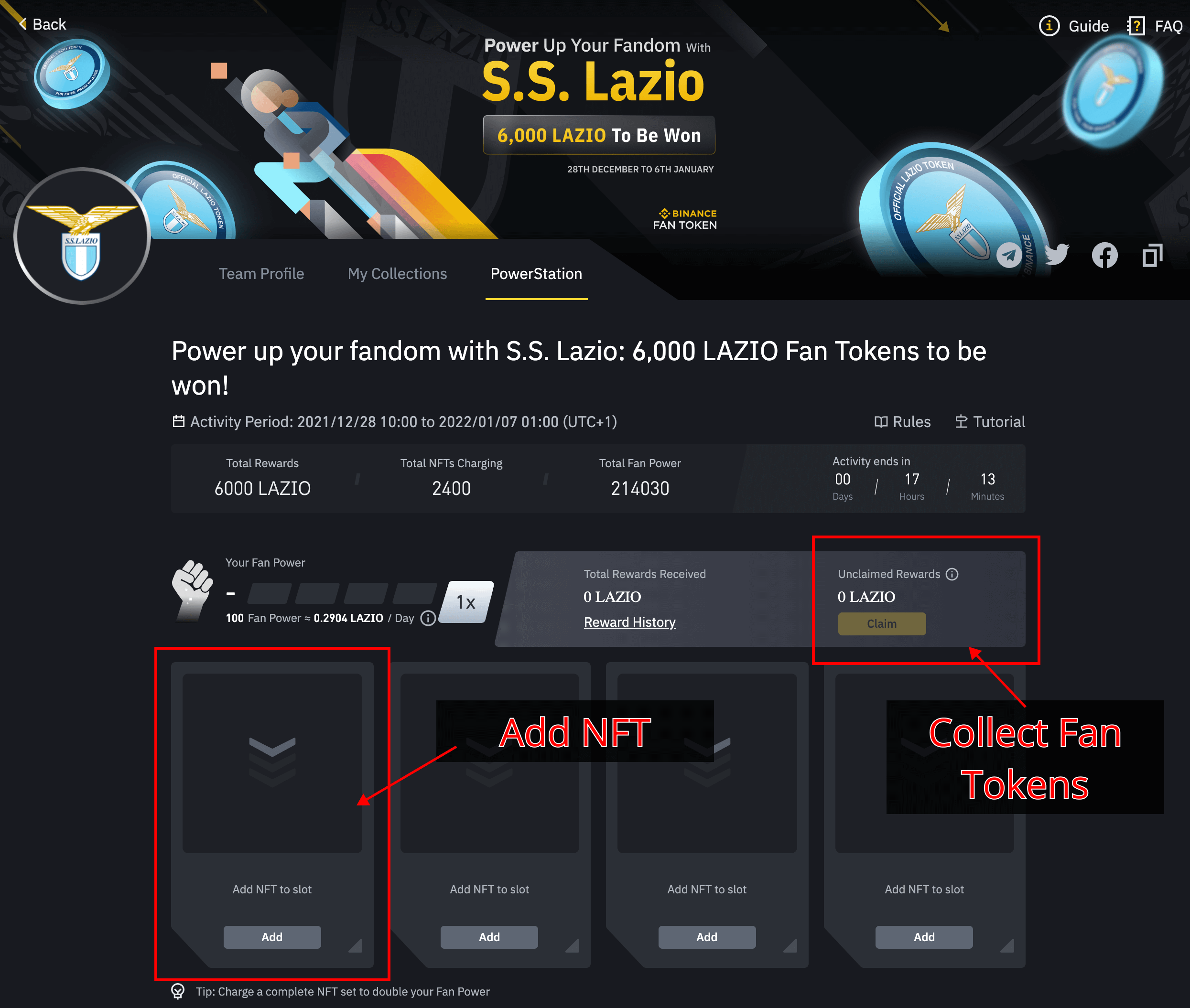 PowerStation for S.S. Lazio. On the platform, users can add their previously purchased NFTs and receive Lazio tokens. The activity expires in 17 hours. A total of 2400 NFTs are deposited and the total fan power is 214030.