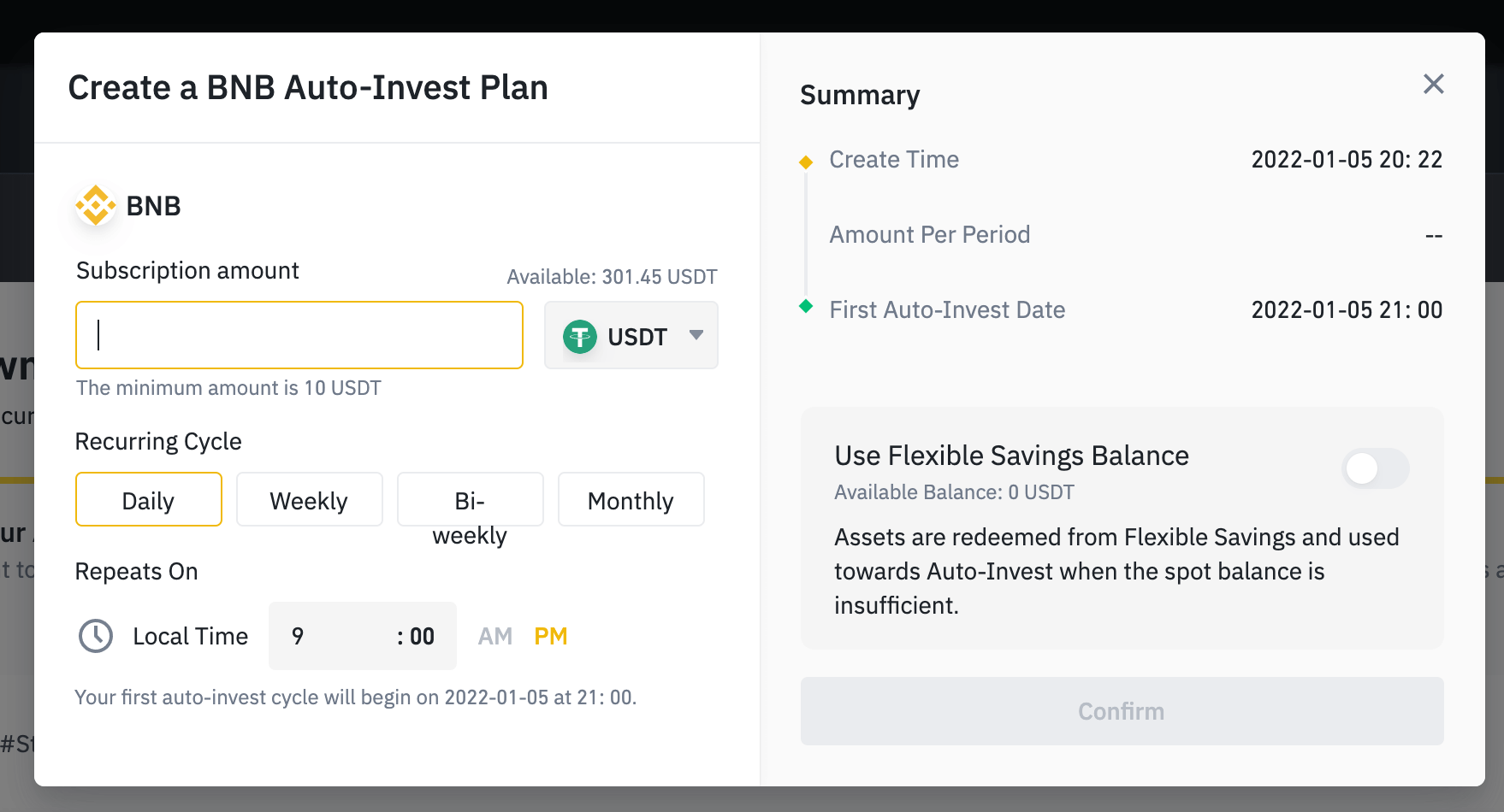 The example shows the configuration for a BNB Auto-Invest plan. The minimum investment amount is 10 USDT. The investment interval can be chosen between Daily, Weekly, Biweekly and Monthly.