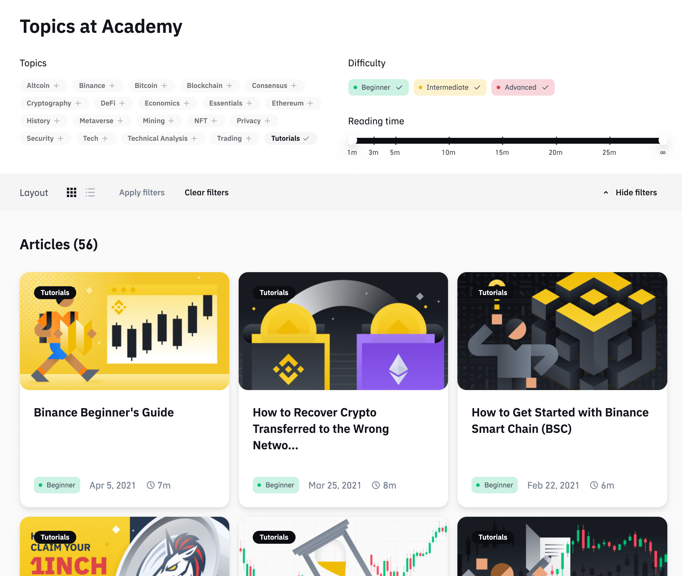 View of Binance Academy. Articles can be filtered by topics such as Altcoin, Bitcoin and DeFi. Other filter options include difficulty (Beginner, Intermediate and Advanced) and reading time.