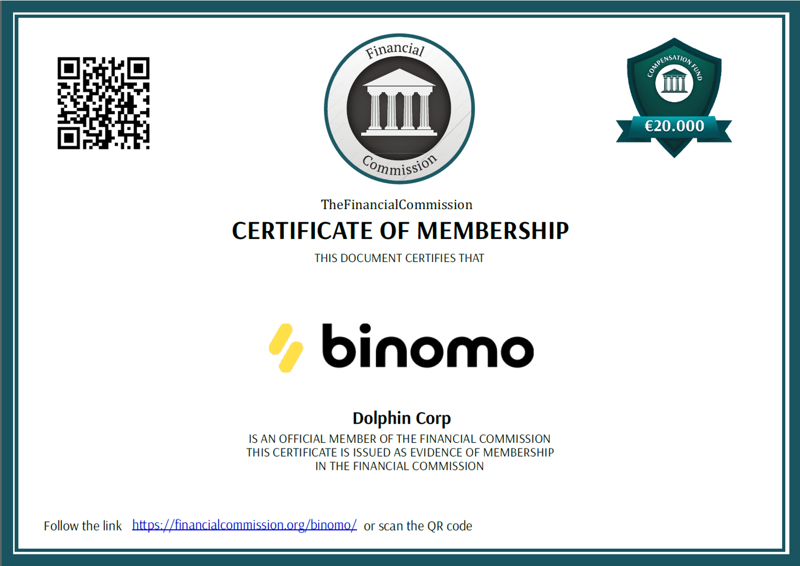 Binomo Certification for membership of The Financial Commission