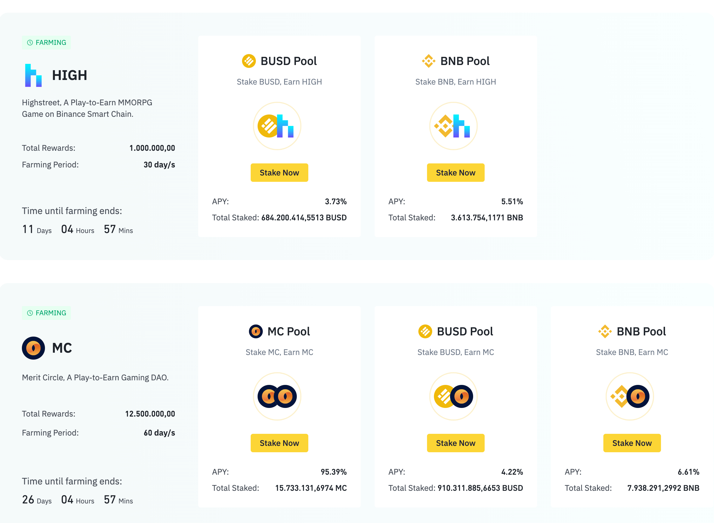 Binance Launchpad view. At the current time, the tokens «HIGH» and «MC» are in the farming phase. The phases will end in 11 days for HIGH and in 26 days for MC.