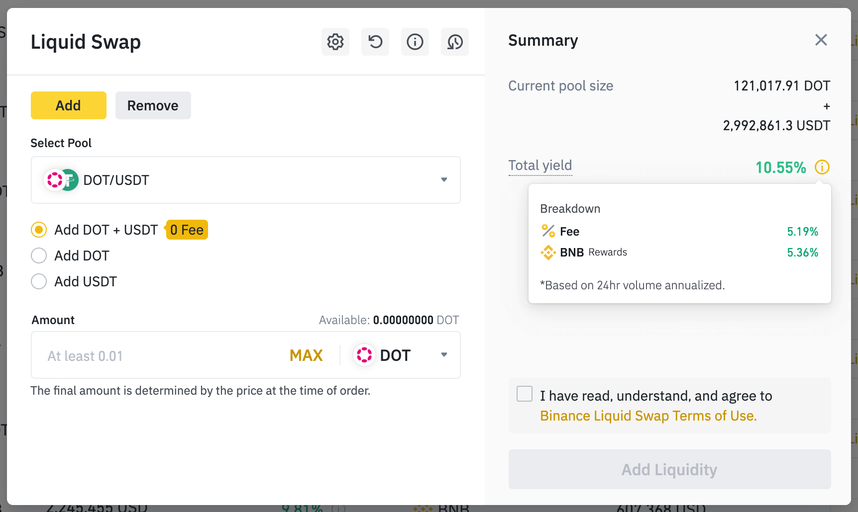 Dialog for providing liquidity to the DOT/USDT trading pair on Binance. Investors have the option to provide liquidity for both currencies (DOT and USDT) or only one (DOT or USDT). The estimated annual return is shown as 10.55%.