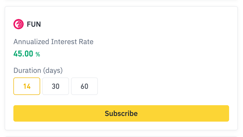 Example of locked savings on the trading platform. For depositing Fun tokens, Binance offers an annual interest rate of 45% for 14 days.