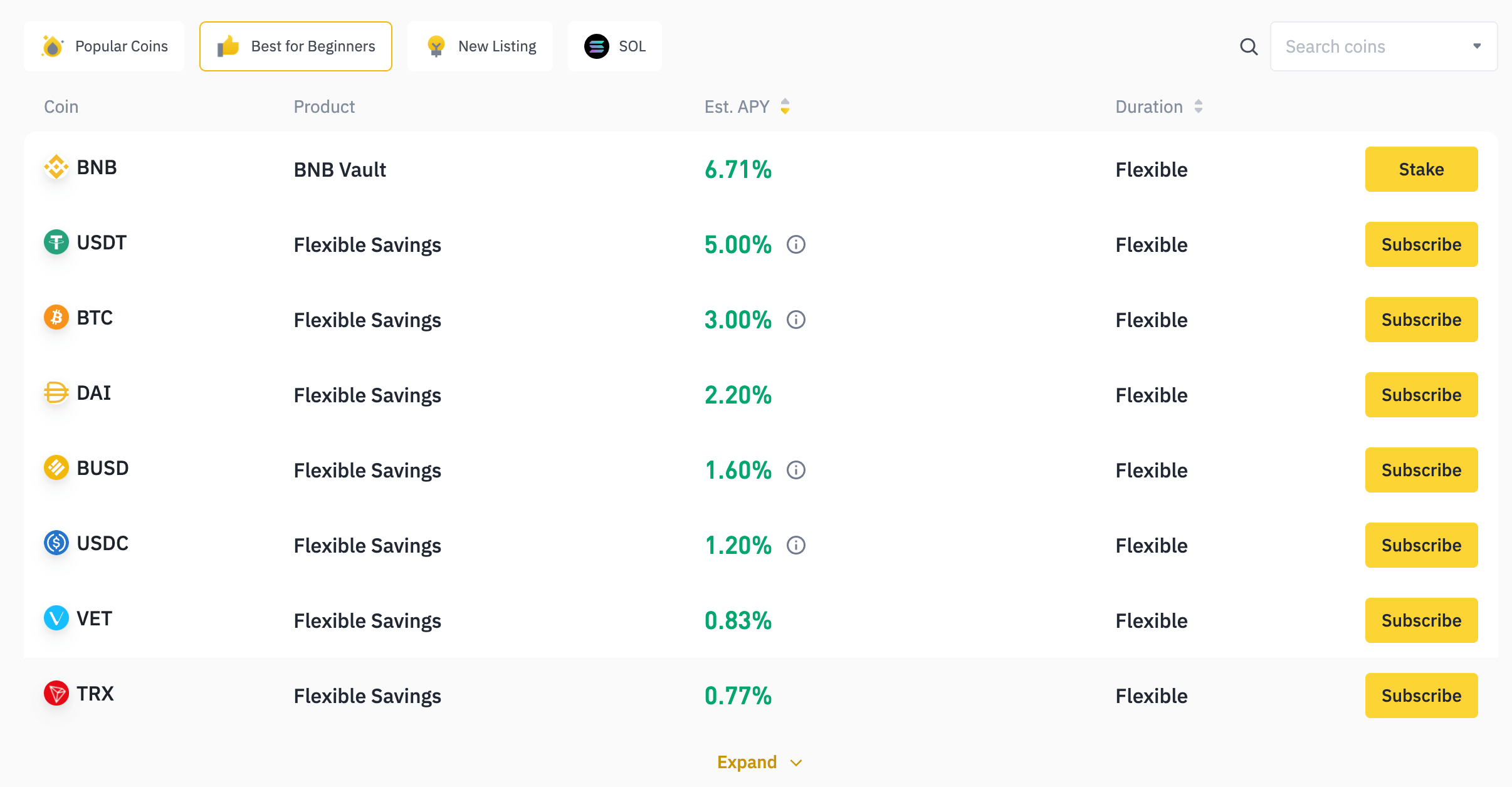 Binance Savings for Beginners. The image shows a listing of flexible savings products on Binance. The interest rates range from 0.77% for TRX to 6.71% for BNB.