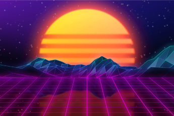 80s retro style sunset with grid in neon