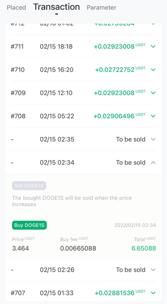 List of purchases and sales executed. Each purchase is paired with a sale. If a purchase was made and the price did not increase to the corresponding level, the purchase is marked «To be sold».