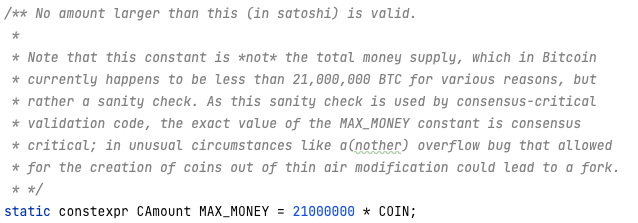Variable MAX_MONEY = 21'000'000 im Programmiercode.